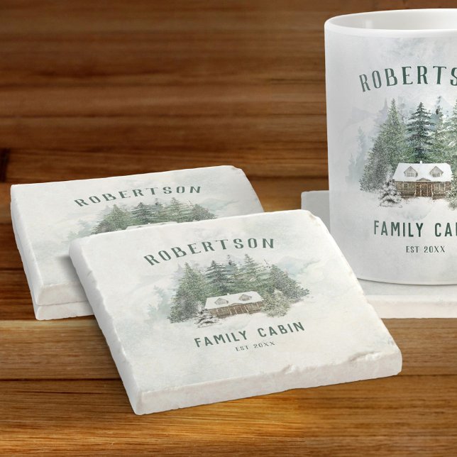 Familienhaus Wasserfarbener Winter Pine Forest Steinuntersetzer (Von Creator hochgeladen)