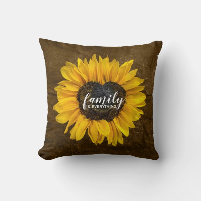 Familienherz Sonnenblume auf braunem Leder Kissen (Vorderseite)
