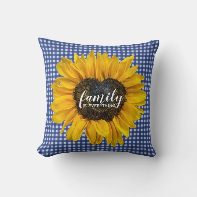 Familienherz Sonnenblume auf Gingham Kissen (Vorderseite)