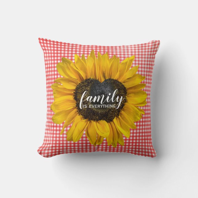 Familienherz Sonnenblume auf Gingham Kissen (Vorderseite)