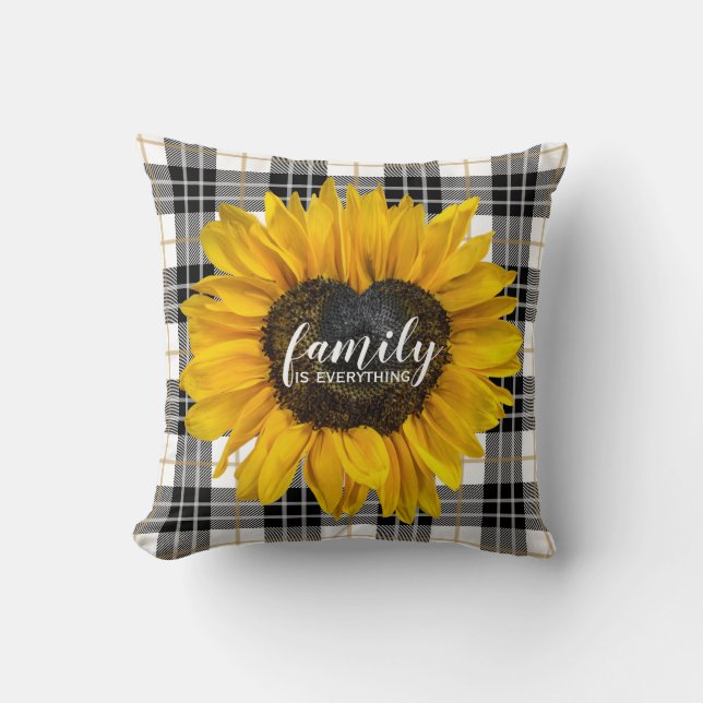 Familienherz Sonnenblume auf Tartan Kariert Kissen (Vorderseite)