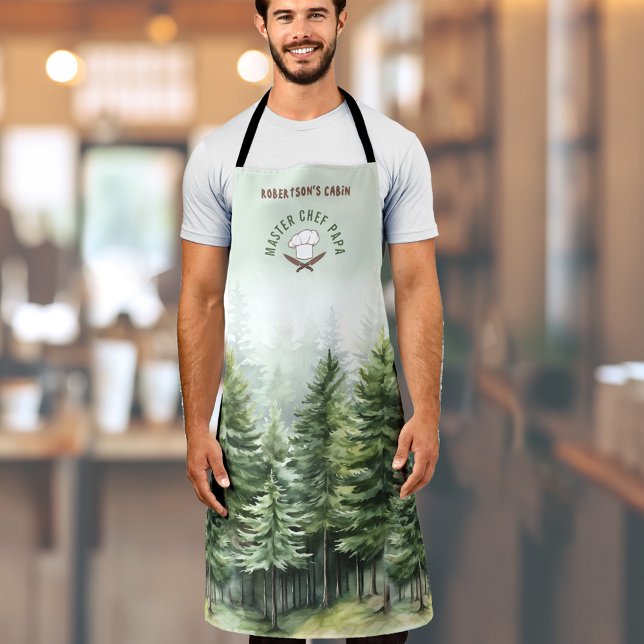 Familienhütte Waldbäume Grüne Koch Name Schürze (Family Cabin Pinewood Forest Green Master Chef Apron)