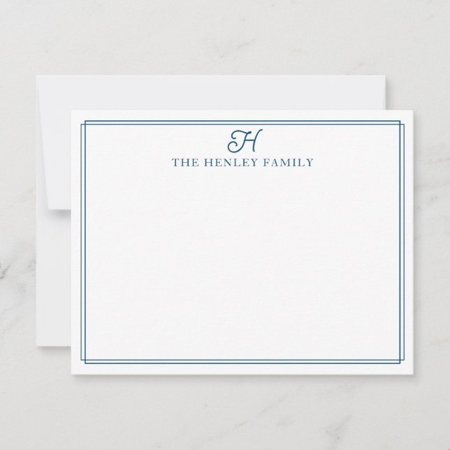 Familieninitial Blau-Rand-Monogramm-Briefpapier Mitteilungskarte (Vorderseite)
