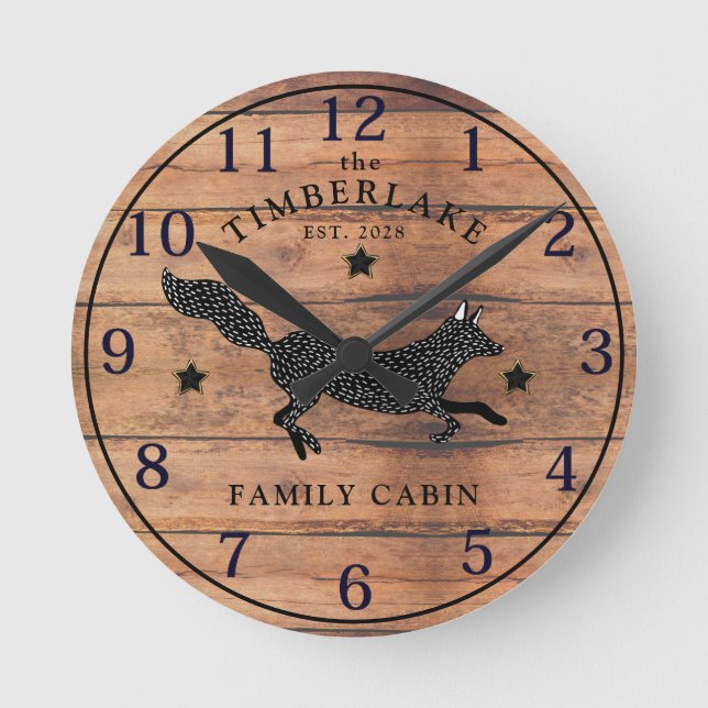 Familienkabine Rustikal-Holz-Personalisierte Wall- Runde Wanduhr (Vorderseite)