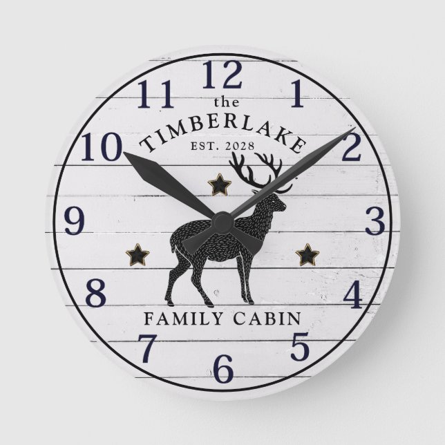 Familienkabine Rustikal-Holz-Personalisierte Wall- Runde Wanduhr (Vorderseite)