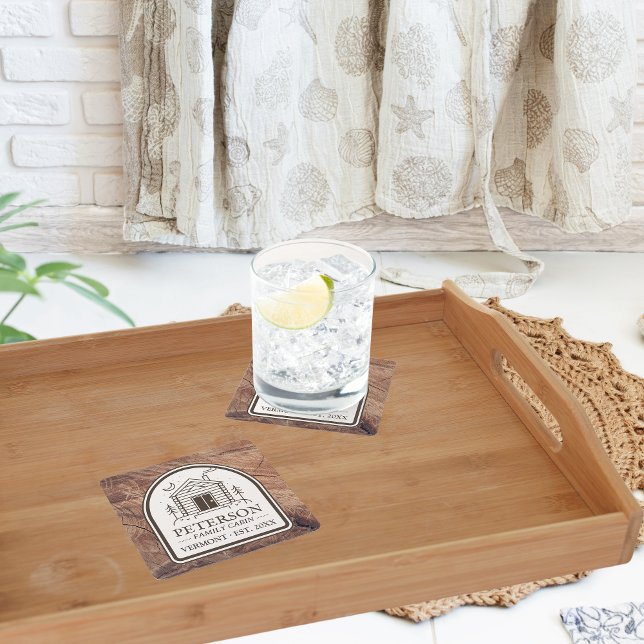 Familienkabine Rustikale Holzdekoration Personalis Rechteckiger Pappuntersetzer (Personalized Custom Family Name Cabin in the Woods Rustic Vintage Retro)
