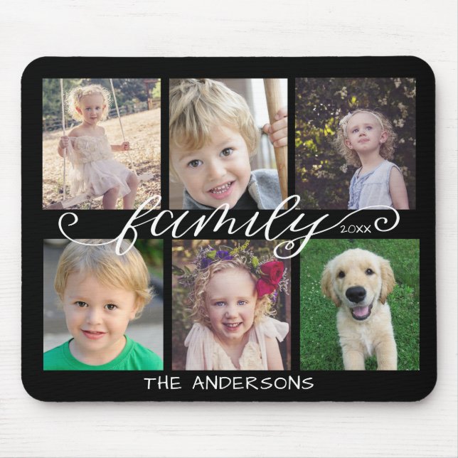 Familienkalligraphie | 6 FotoCollage Black Mousepad (Vorne)