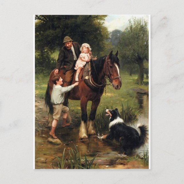 Familienkindercolliehundepferdejungenmädchen Postkarte (Vorderseite)