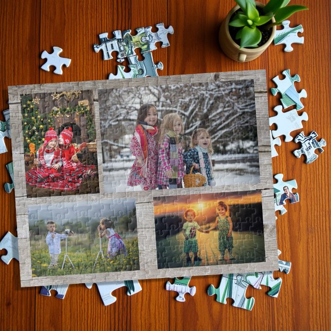 Familienkollektion 4 Fotos aus rustikalem Holz (Family collage 4 photos on rustic wood jigsaw puzzle. Very unique family puzzle, great fun !)