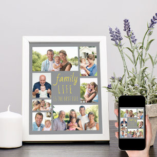 Familienleben Zitat Grau und Gelb Foto-Collage Poster
