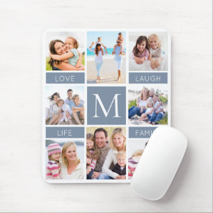 Familienmonogramm-Fotocollage Dusty Blue Mousepad