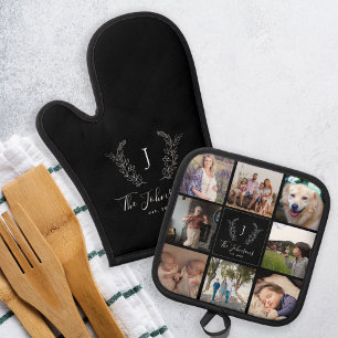 Familienmonogramm Name Multi-Fotocollage schwarz Ofenhandschuh & Topflappen-Set