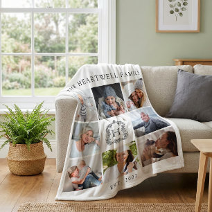 Familienmonogrammwappen 8 Foto-Collage Weiß Schwar Fleecedecke