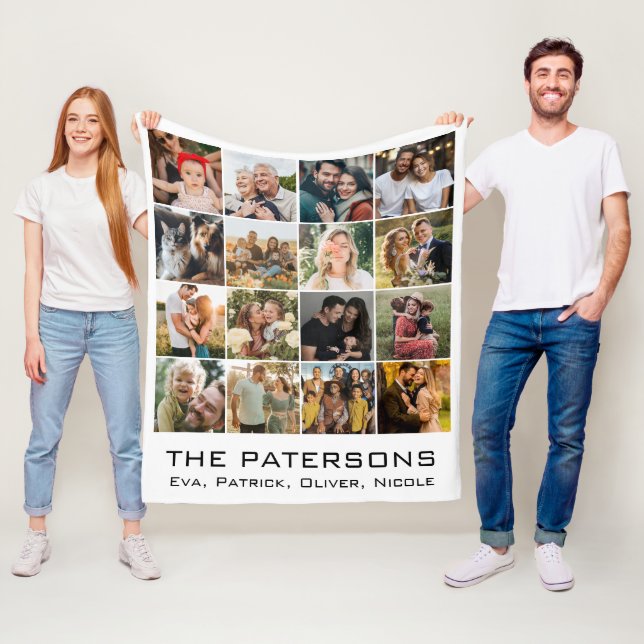 Familienname 16 Foto Collage Moderne Elegante Schw Fleecedecke (Beispiel)