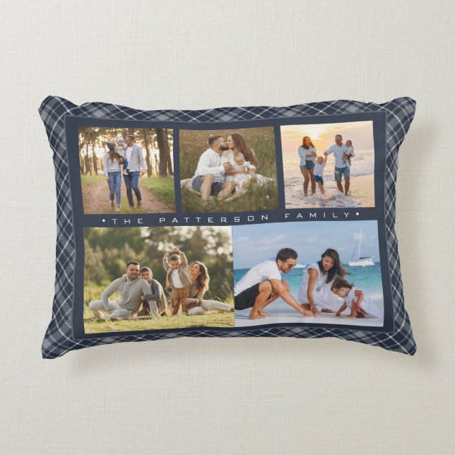Familienname 5 Foto Collage Blue Kariert Modern Dekokissen (Vorderseite)