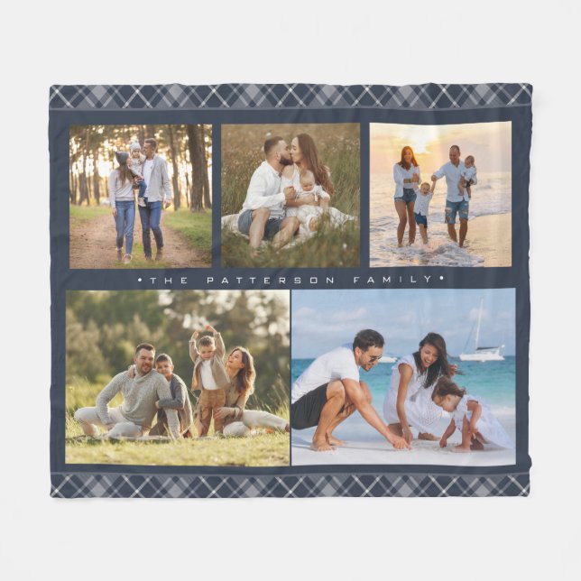 Familienname 5 Foto Collage Blue Kariert Modern Fleecedecke (Vorderseite (Horizontal))
