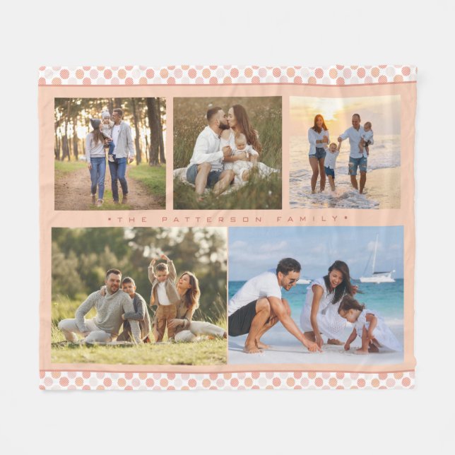 Familienname 5 Foto Collage Pink Girly Modern Fleecedecke (Vorderseite (Horizontal))