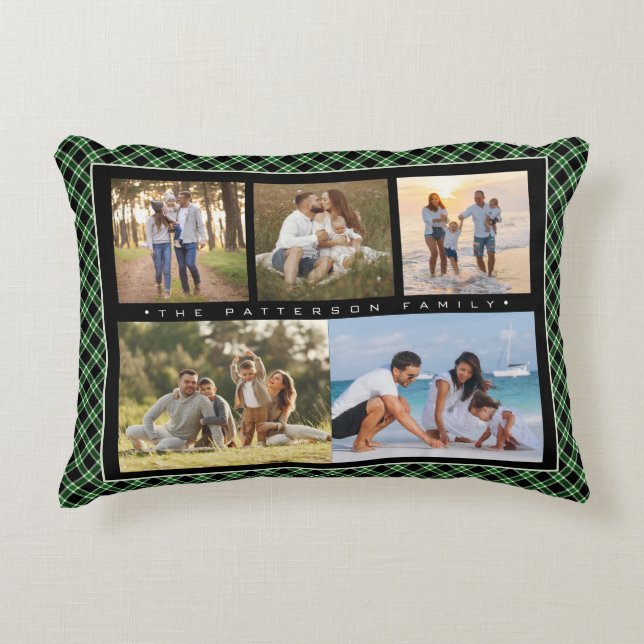Familienname 5 Fotomaterial Collage Green Kariert  Dekokissen (Vorderseite)