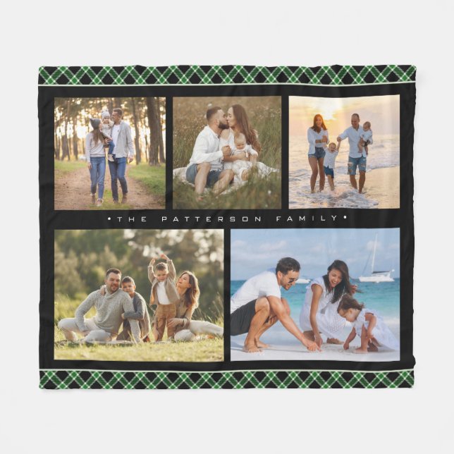 Familienname 5 Fotomaterial Collage Green Kariert  Fleecedecke (Vorderseite (Horizontal))