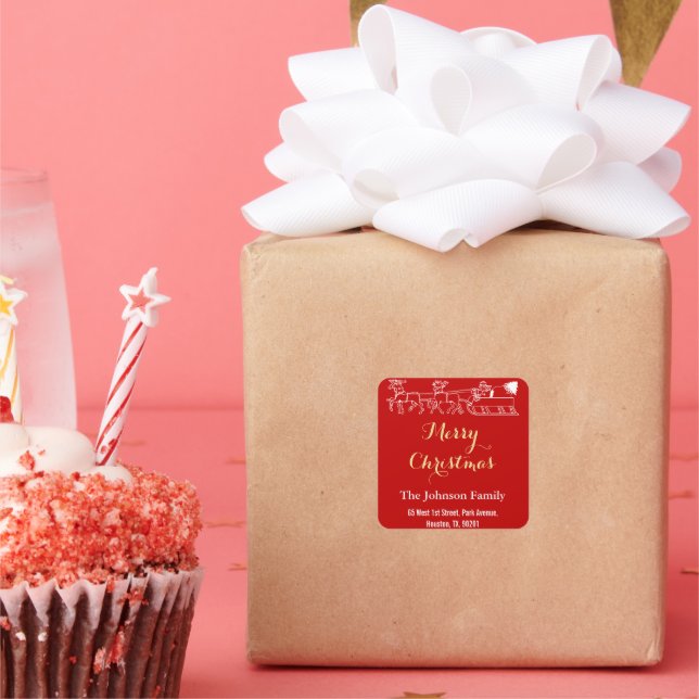 Familienname Adresse Mercury Christmas Red Gold Sa Quadratischer Aufkleber (Party)