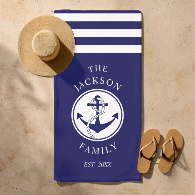 Familienname Ankerstreifen für Schiffe Strandtuch (Personalized Navy Blue Nautical Anchor Beach Towel)