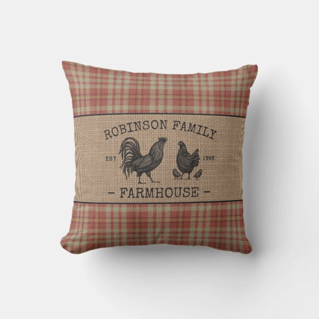 Familienname Bauernhof Vintag Red Kariert Burlap Kissen (Vorderseite)