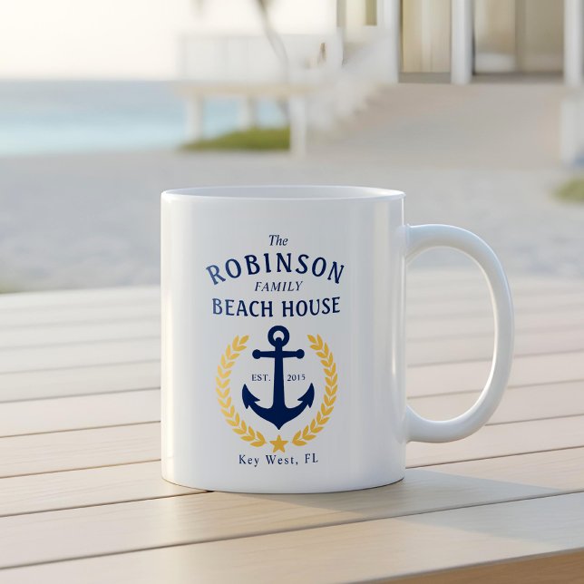 Familienname Beach House Anchor Gold Style Laurel Kaffeetasse (Von Creator hochgeladen)