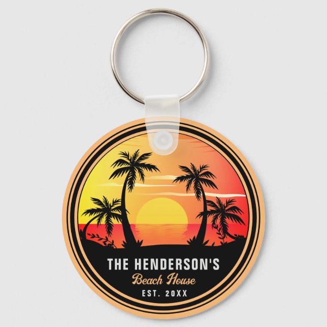Familienname Beach House Retro Sunset Souvenir 80e Schlüsselanhänger (Vorderseite)