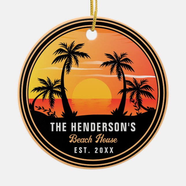 Familienname Beach House Retro Sunset Souvenirs 60 Keramik Ornament (Vorne)