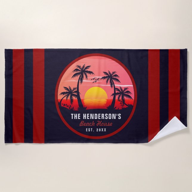 Familienname Beach House Retro Sunset Souvenirs 60 Strandtuch (Vorderseite)