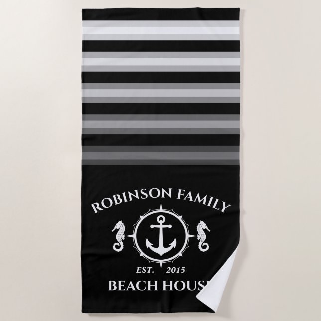 Familienname Beach House Seepferd Anchor Navy Blac Strandtuch (Vorderseite)