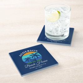 Familienname Beach House Sun Palm Trees Blue Glasuntersetzer