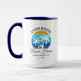 Familienname Beach House Sun Palm Trees Blue Large Tasse