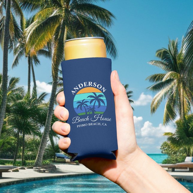 Familienname Beach House Sun Palm Trees Blue Selters Dosenkühler (Customize to change text size or text style.)