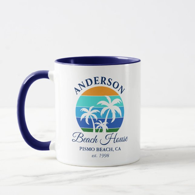 Familienname Beach House Sun Palm Trees Blue Tasse (Links)