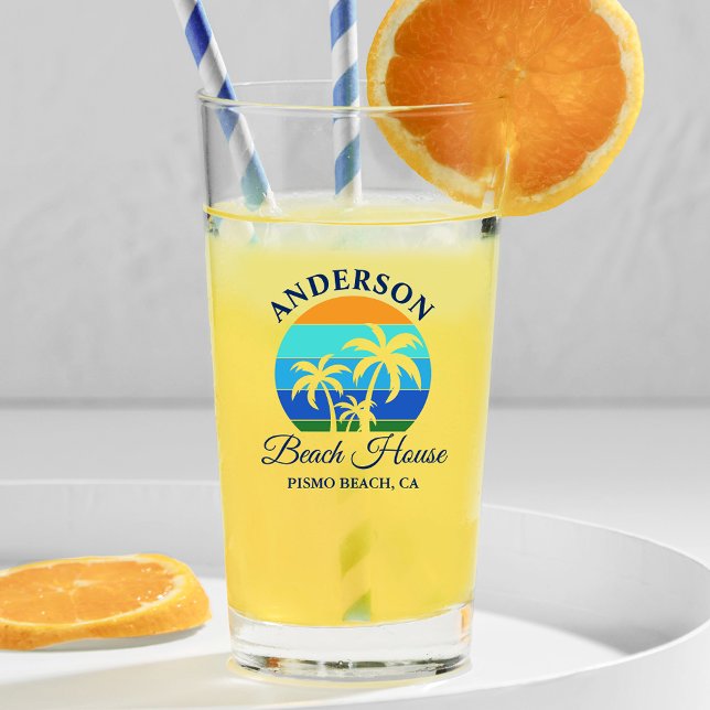 Familienname Beach House Sun Palm Trees Glas (Customize to change text size, color or text style.)