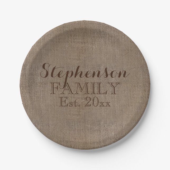 Familienname Burlap Rustic Pappteller (Vorderseite)