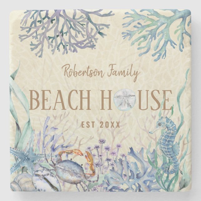Familienname des Coastal Beach House Steinuntersetzer (Vorderseite)