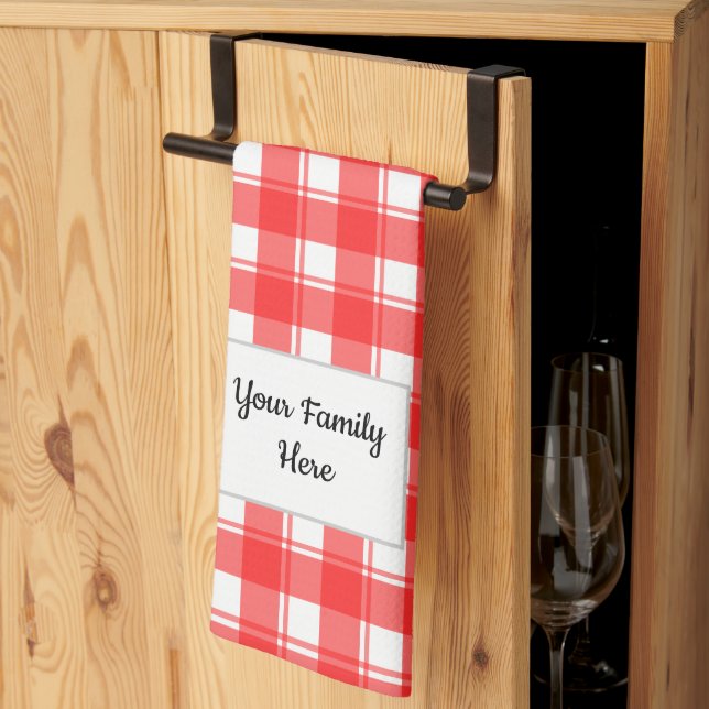 Familienname Editable Red White Retro Kariert Patt Geschirrtuch (Drittel gefaltet)