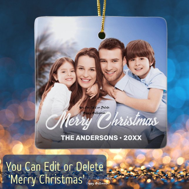 Familienname Elegant Script Frohe Weihnachten Foto Keramikornament (Von Creator hochgeladen)