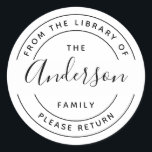 Familienname | Erstellen Sie Ihr eigenes Round-Buc Runder Aufkleber<br><div class="desc">Einfaches,  sauberes,  modernes Design für Ihre persönlichen Bücher aus der Bibliothek. Dieses kreisförmige Buchzeichen ist leicht mit Ihrem Familiennamen zu personalisieren. Gutes Geschenk für jeden Buchliebhaber. Die Typografie besteht aus einer modernen serifenlosen Schrift in anmutigen Bögen. Ihr Familienname erscheint in einem eleganten Skript-Schriftart im Mittelpunkt.</div>