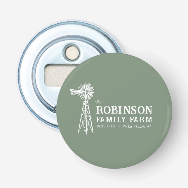 Familienname Farm Rustic Windmill Sage Green Flaschenöffner (Vorderseite)