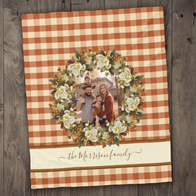 Familienname + Foto Buffalo Karo Fall Floral Fleecedecke (Family Name + Photo Buffalo Check Fall Floral Fleece Blanket
)