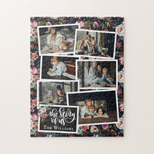 Familienname Foto-Collage   Floral auf Schwarz