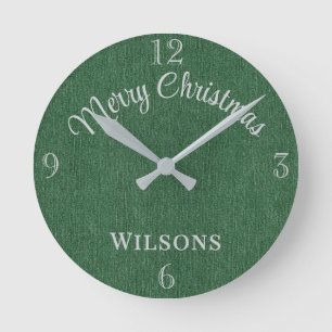 Familienname Frohe Weihnachten Grüner Jeansdruck 8 Runde Wanduhr