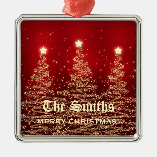 Familienname-funkelnde Weihnachtsbäume rot Silbernes Ornament (Vorne)