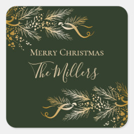 Familienname Green Gold Original Frohe Weihnachten Quadratischer Aufkleber