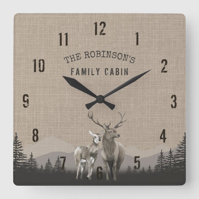 Familienname Hütte Hirsche Kiefernwald Burlap Quadratische Wanduhr (Vorderseite)