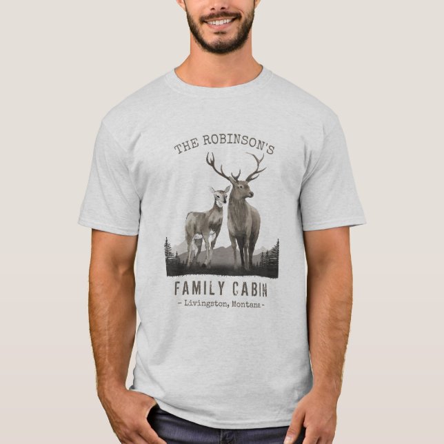 Familienname Hütte Hirsche Pinienwald Lichtgrau T-Shirt (Vorderseite)