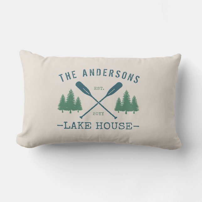Familienname Lake House Oars Pine Trees Außenberei Kissen Für Draußen (Vorderseite)